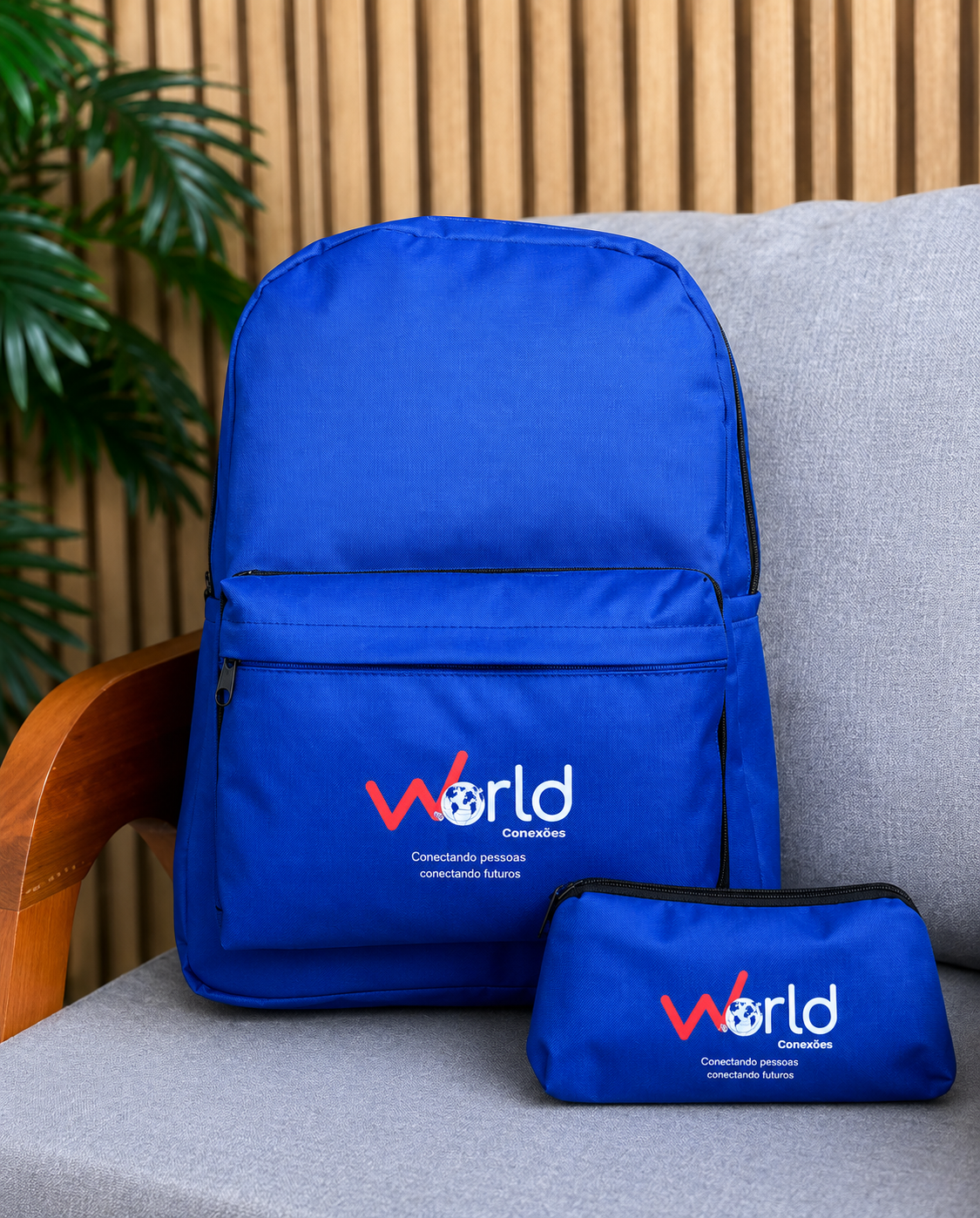 Pedido World Conexões — mochila e necessaire azul com DTF